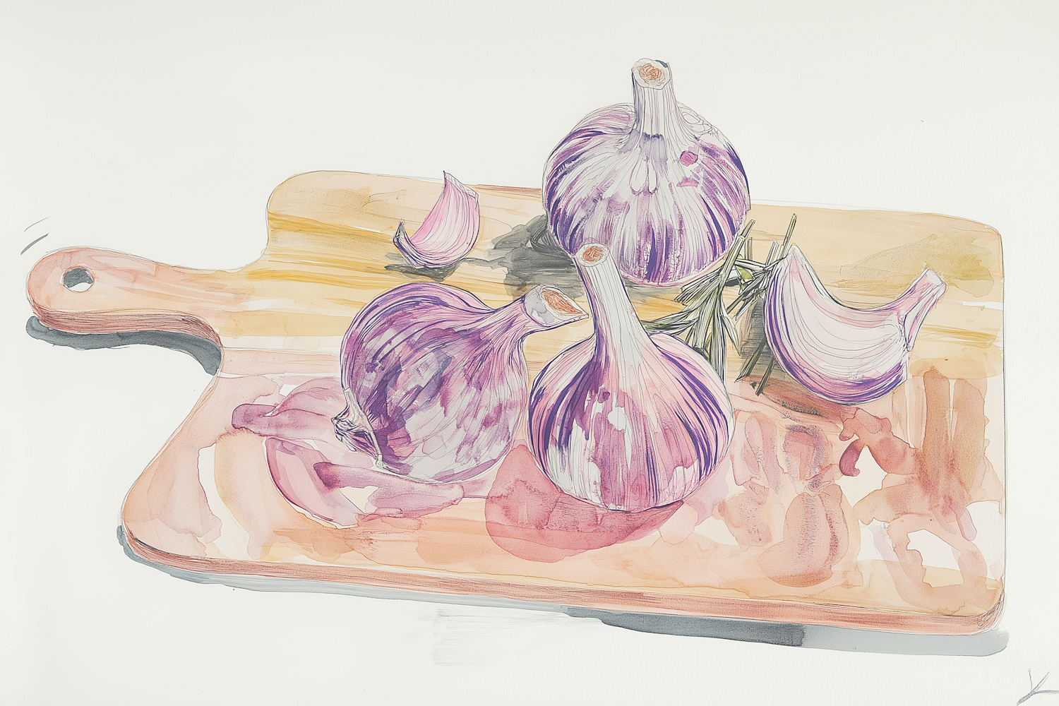 Watercolor Illustration of Garlic on Wood