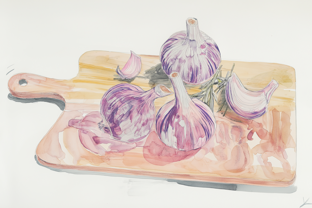 Watercolor Illustration of Garlic on Wood