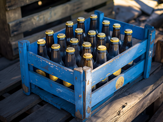 Rustic Blue Crate with Beer Bottles