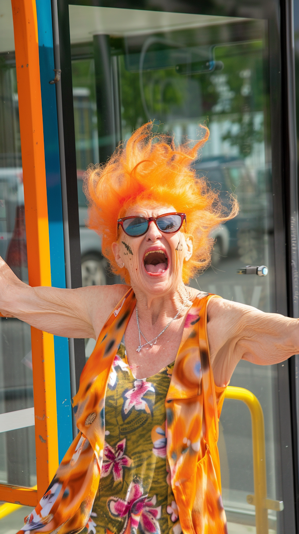 Expressive Elderly Woman with Orange Hair