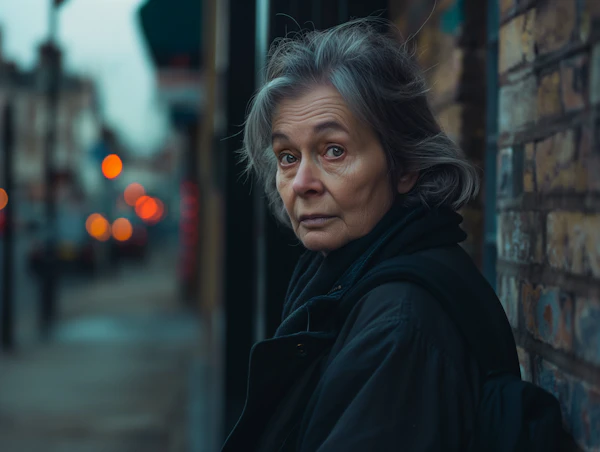 Contemplative Elderly Woman in Urban Dusk