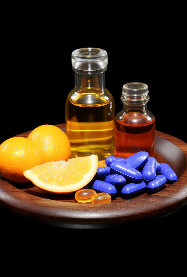 Healing Essence: Oranges and Supplements Still Life