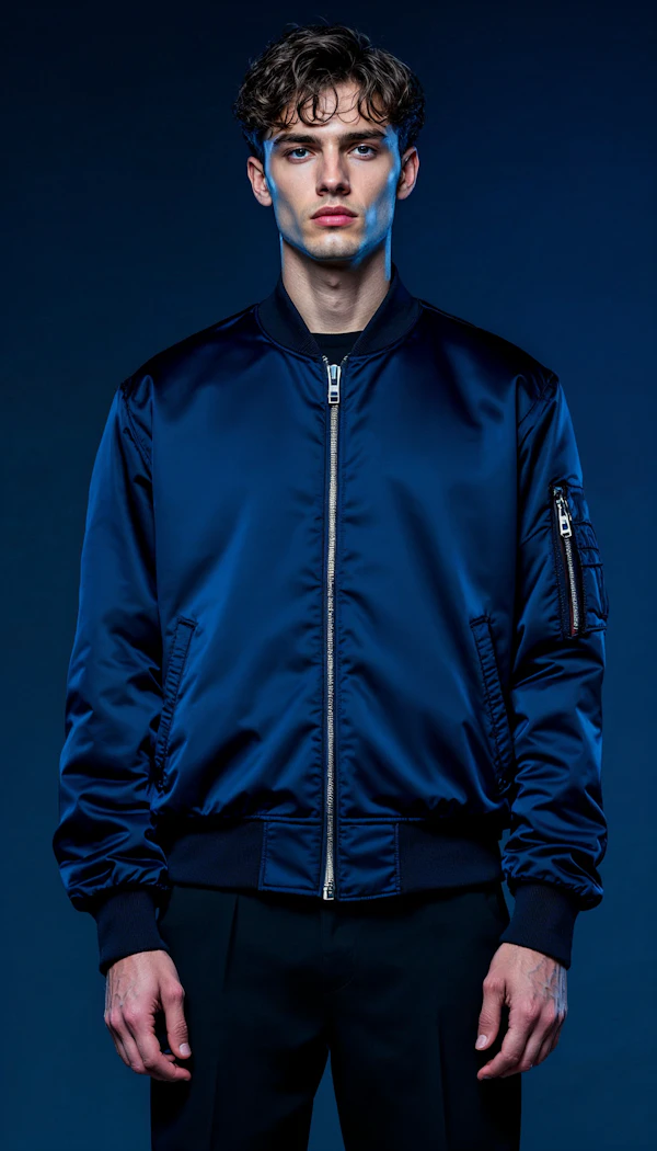 Man in Dark Blue Bomber Jacket
