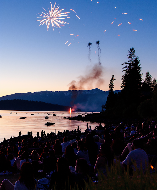 Fireworks Display over Lake at Twilight