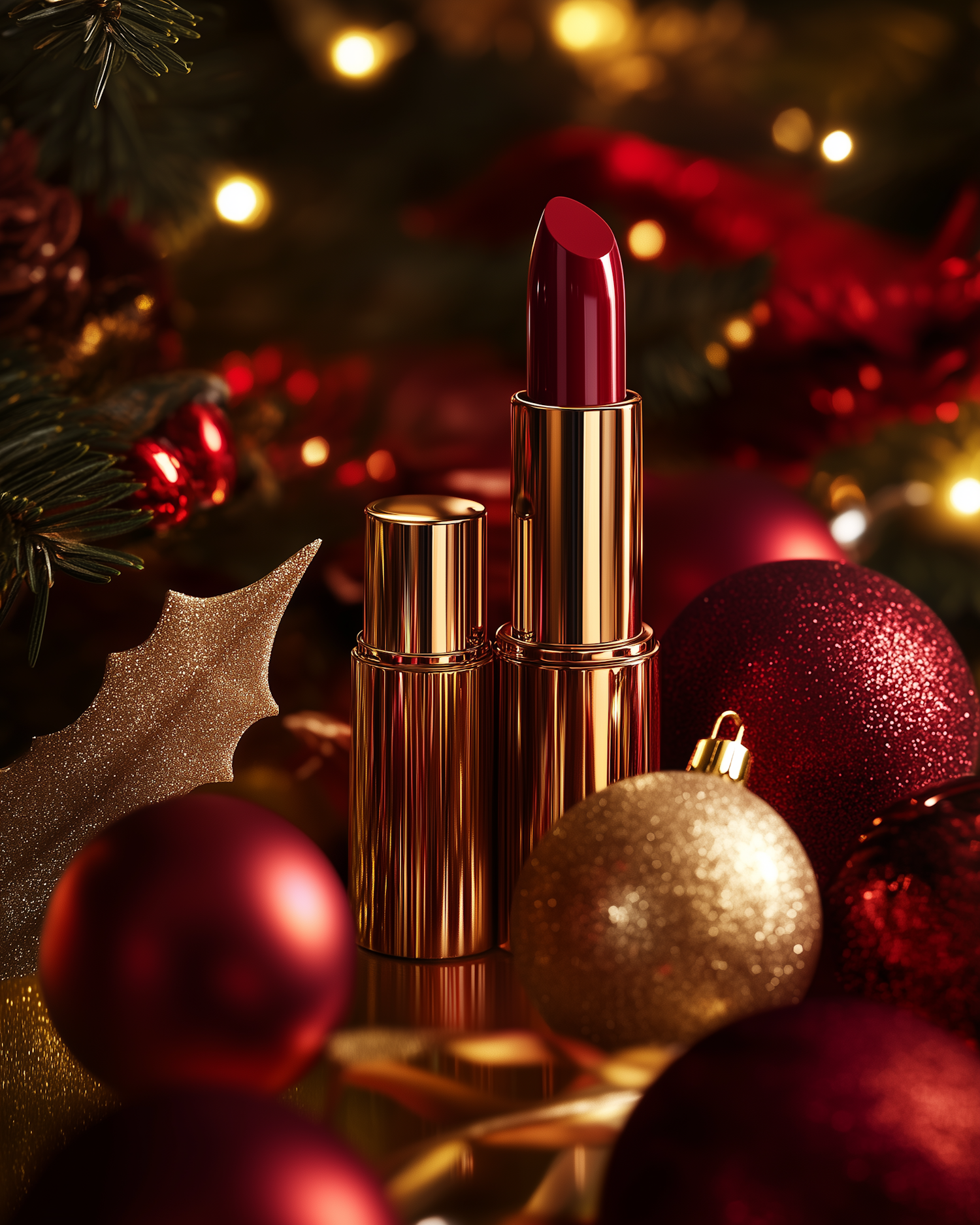 Festive Red Lipstick with Christmas Ornaments