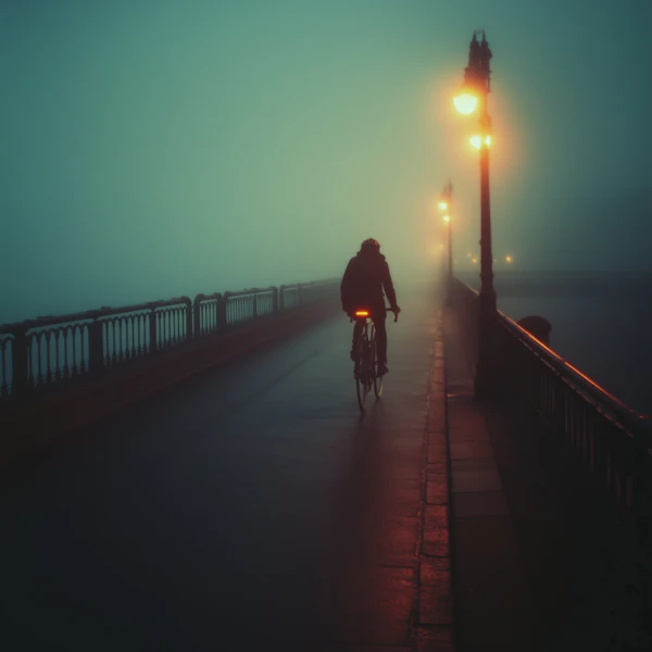 Cyclist in Foggy Bridge