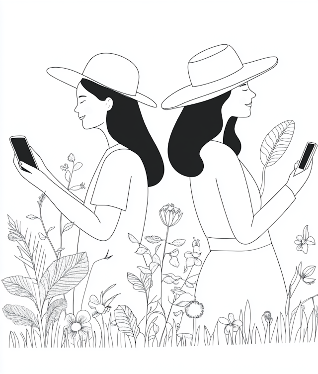 Elegant Women with Mobile Phones and Plants