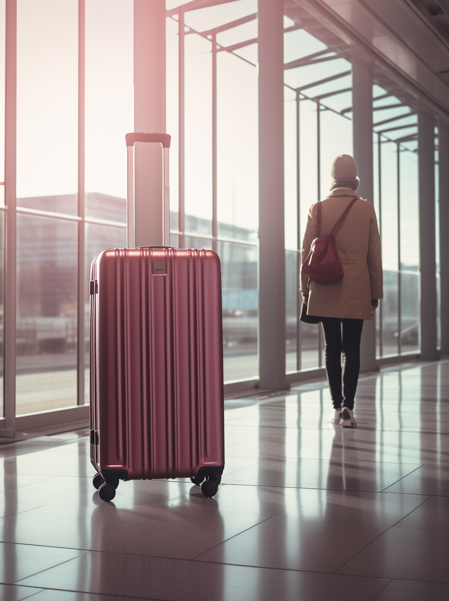 Solitary Departure: Rose-Gold Suitcase at Airport Terminal