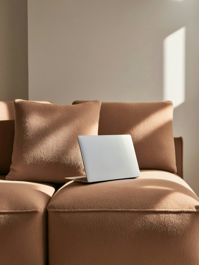 Minimalist Beige Sofa with Laptop