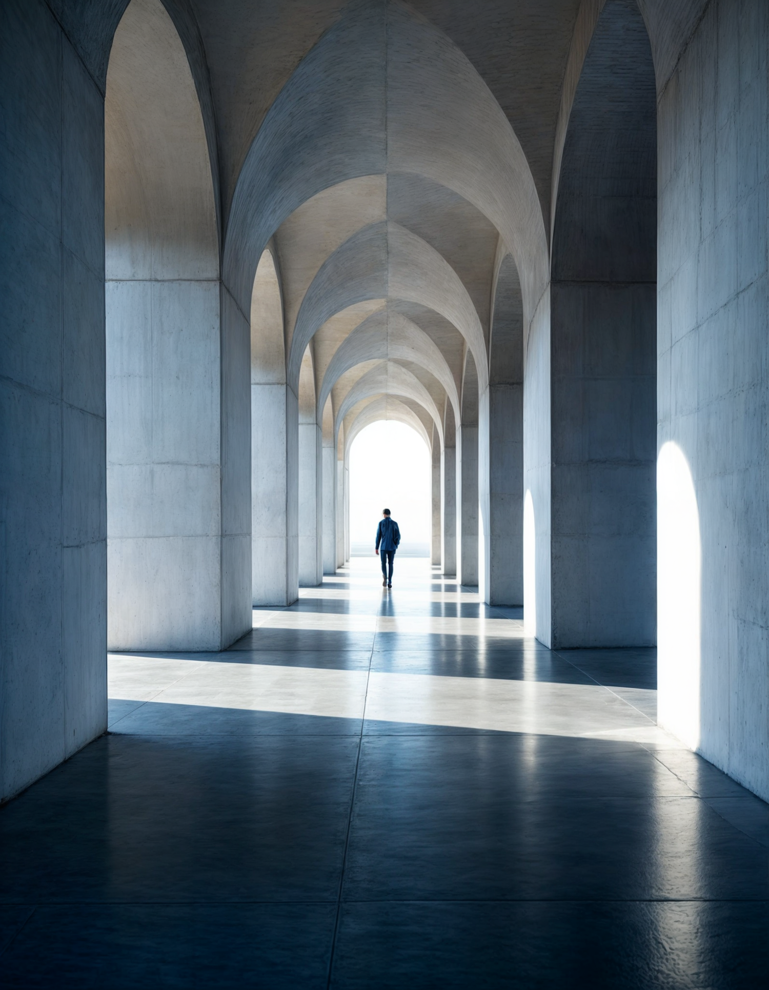 Solitary Figure in Arched Corridor