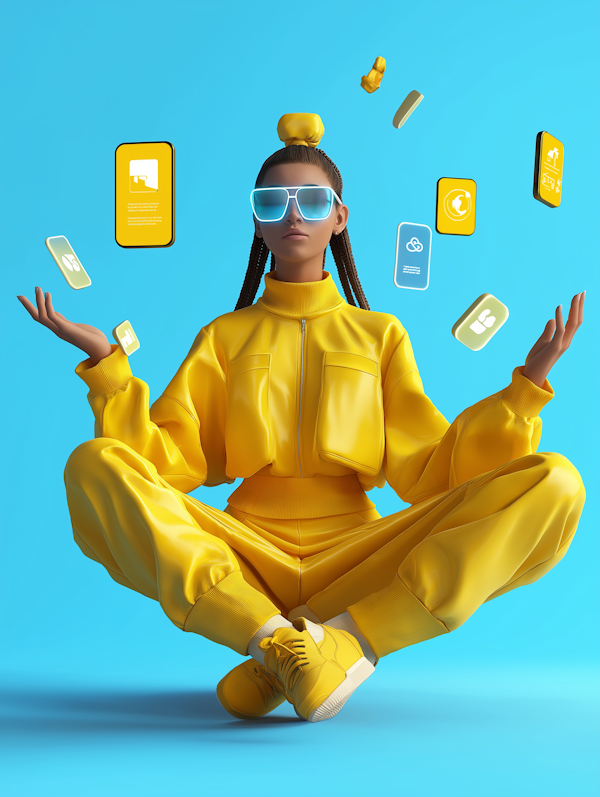 Woman in Yellow Tracksuit with Digital Icons