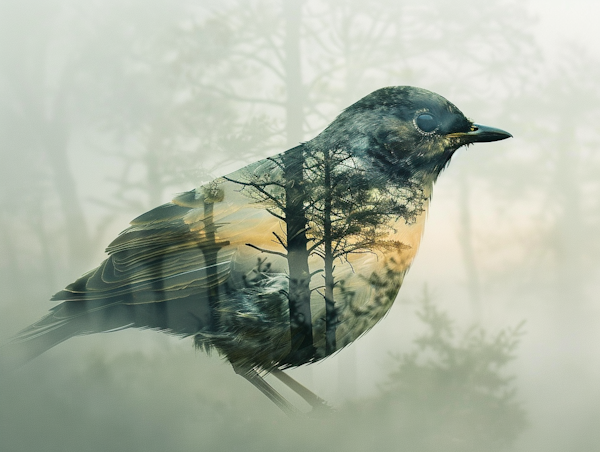 Silhouette of a Bird Blended with Forest Scene