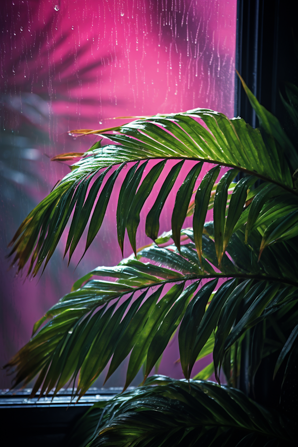 Tropical Tranquility: Raindrops on Green Against Pink