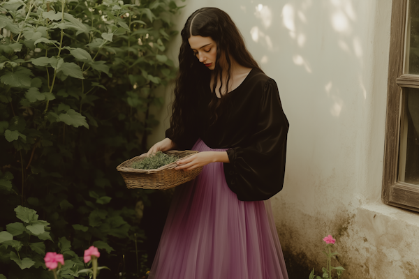 Woman with Wicker Basket in Nature