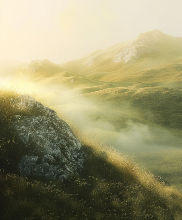 Ethereal Sunrise Over Misty Hills