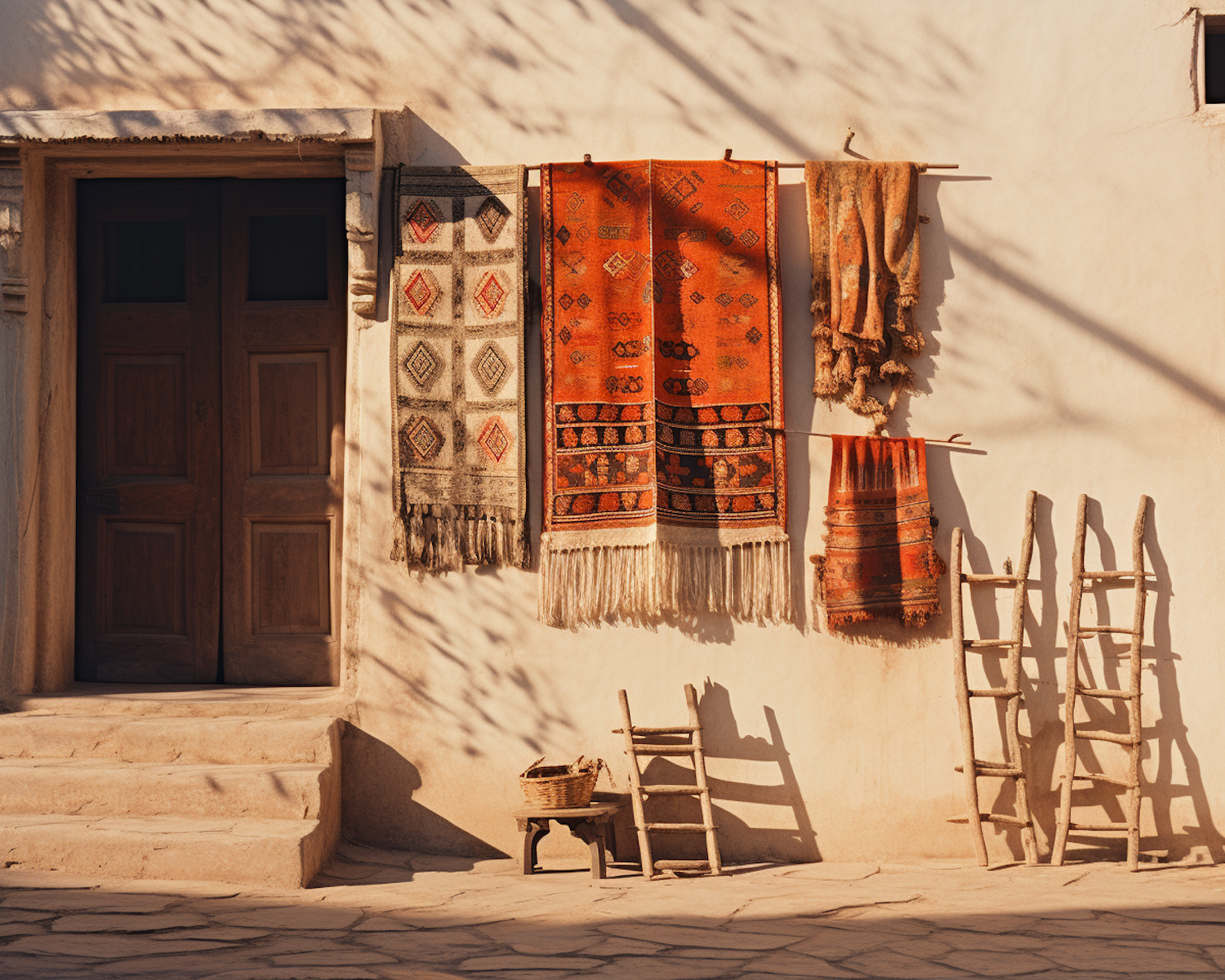 Rustic Charm: Traditional Textiles and Ladders Against a Sunlit Wall