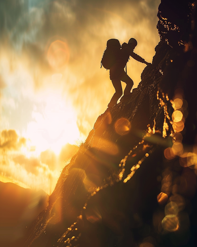 Climber Ascending Cliff at Sunset