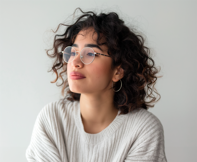 Pensive Woman with Fashionable Hoop Earrings