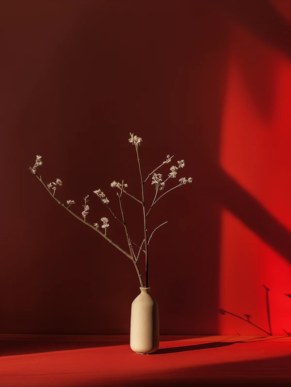 Minimalist Red Composition with Beige Vase and White Blossoms