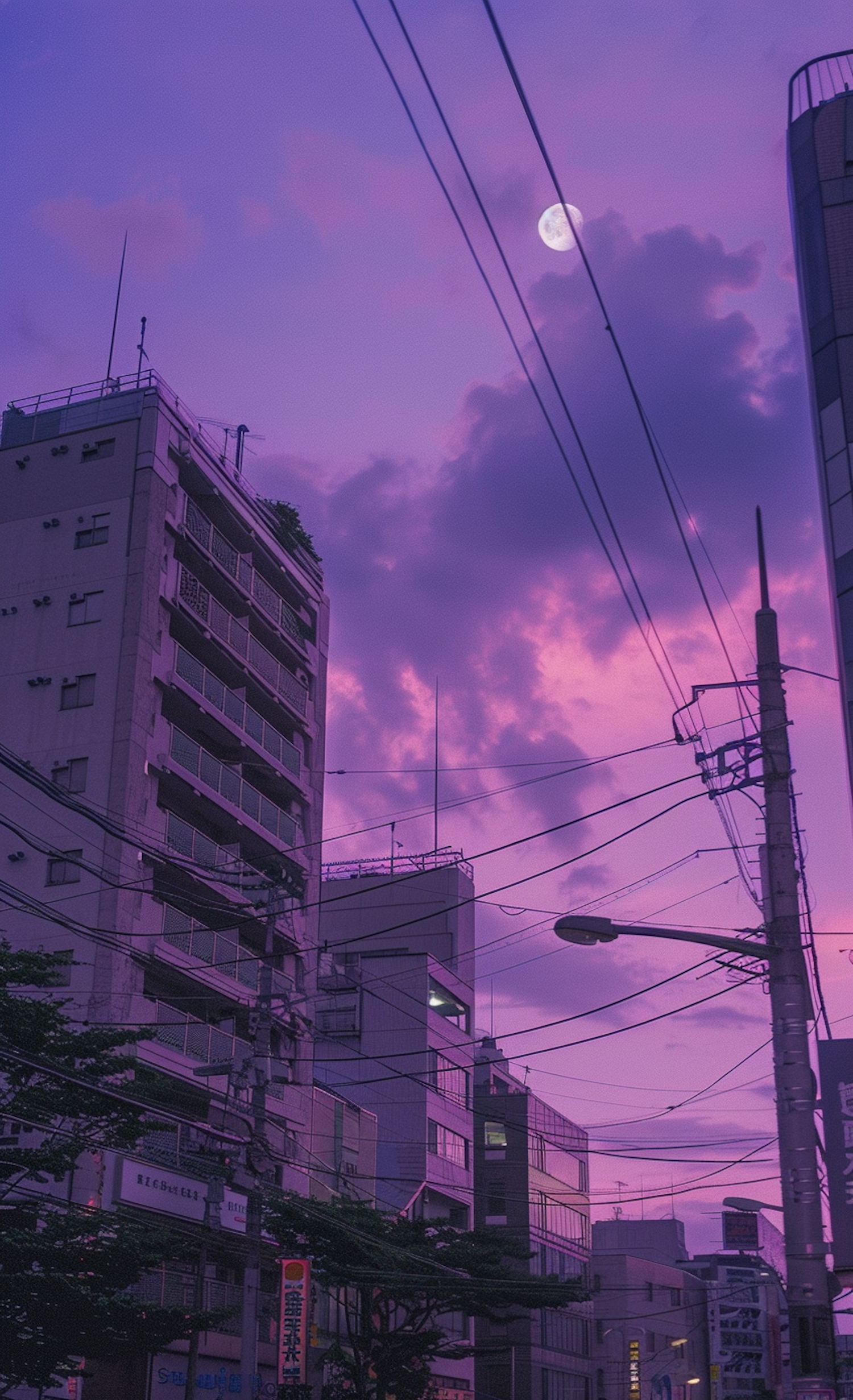 Twilight Urban Landscape with Full Moon