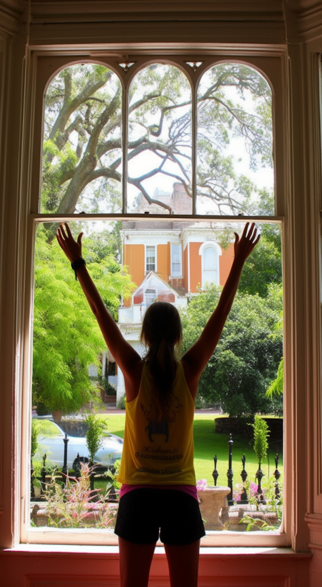 Woman in Awe at Window Overlooking Lush Vista