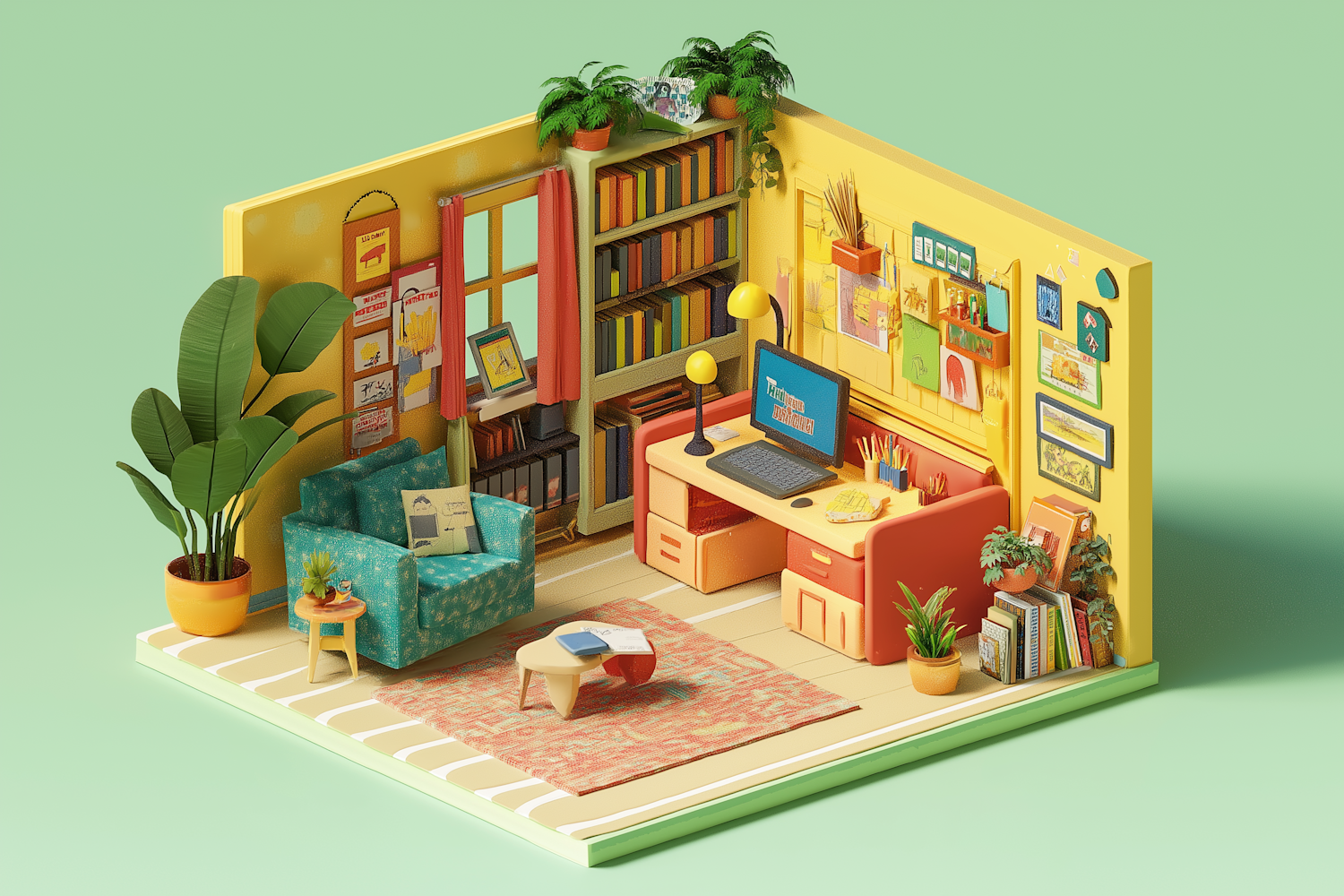 Vibrant 3D Illustrative Study Room