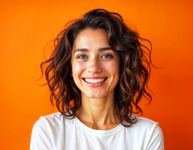 Woman with Curly Hair and Bright Smile