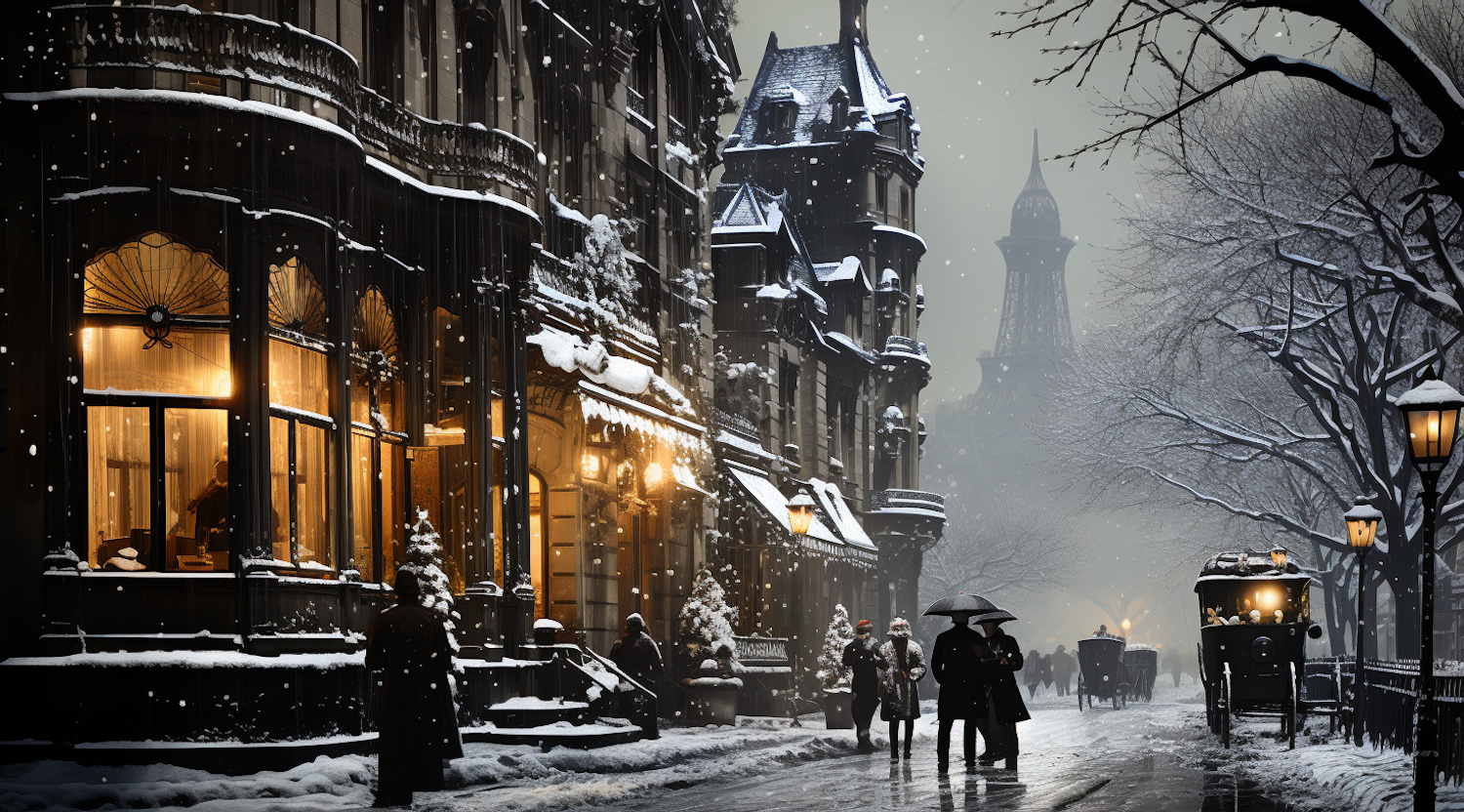 Twilight Snowfall in Historic European City