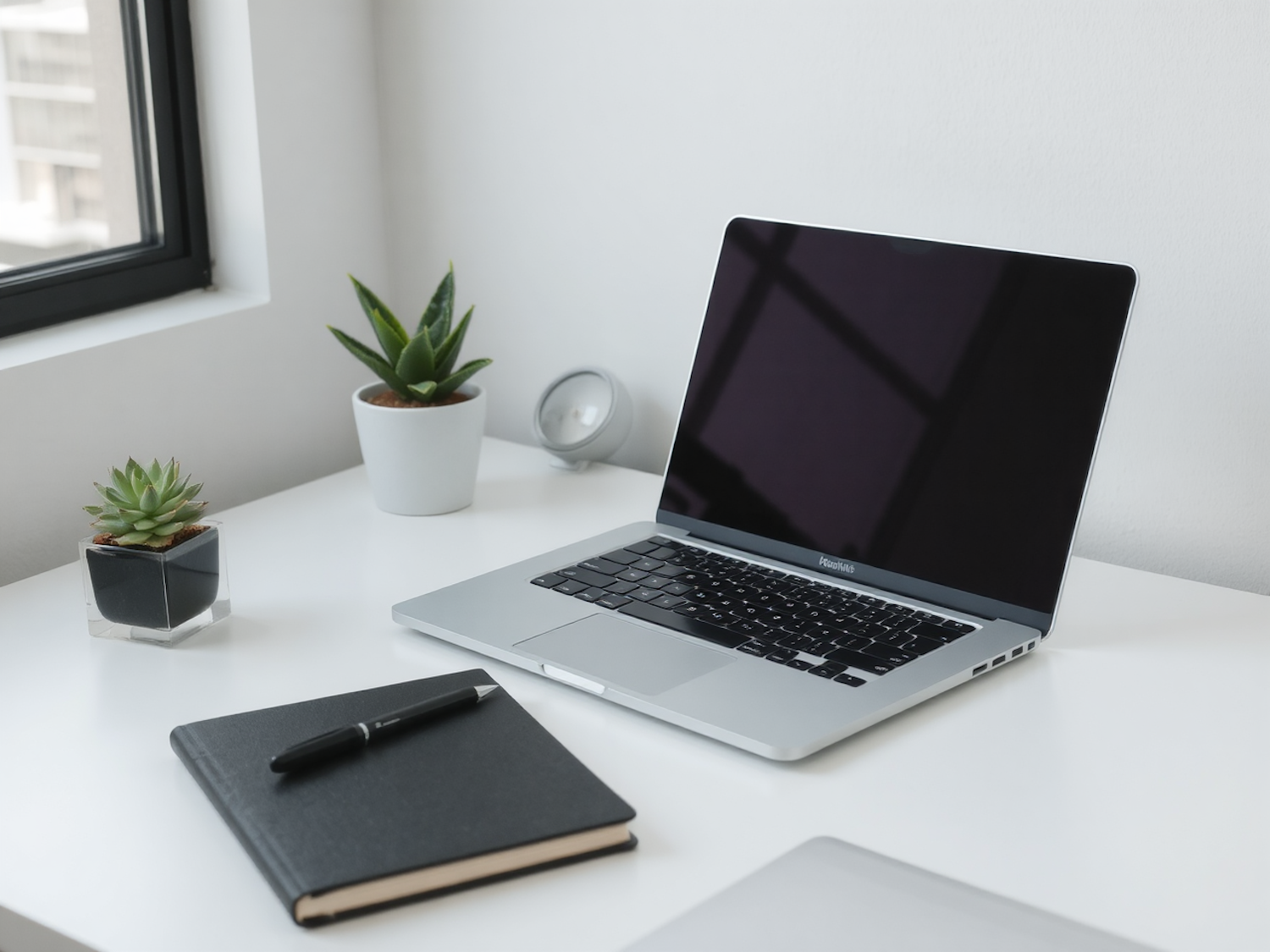 Minimalist Workspace with Laptop and Succulents