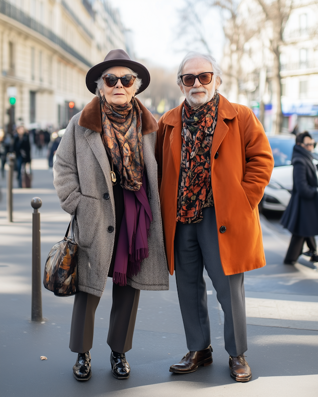 Elderly Couple in Stylish Attire on City Street