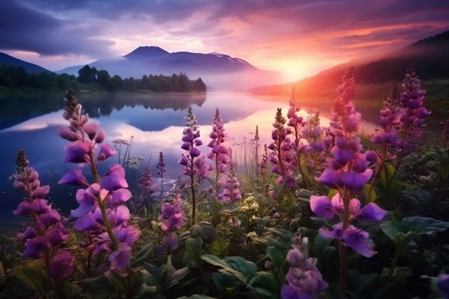 Tranquil Dawn by the Lupine Lake