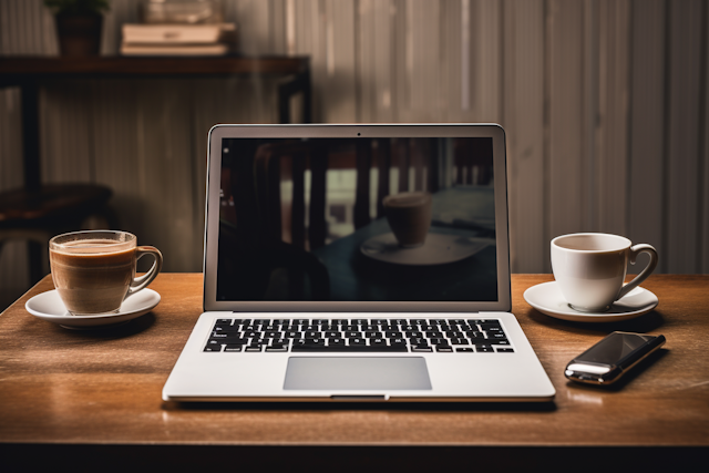 Cozy Productive Workspace with Coffee and Gadgets