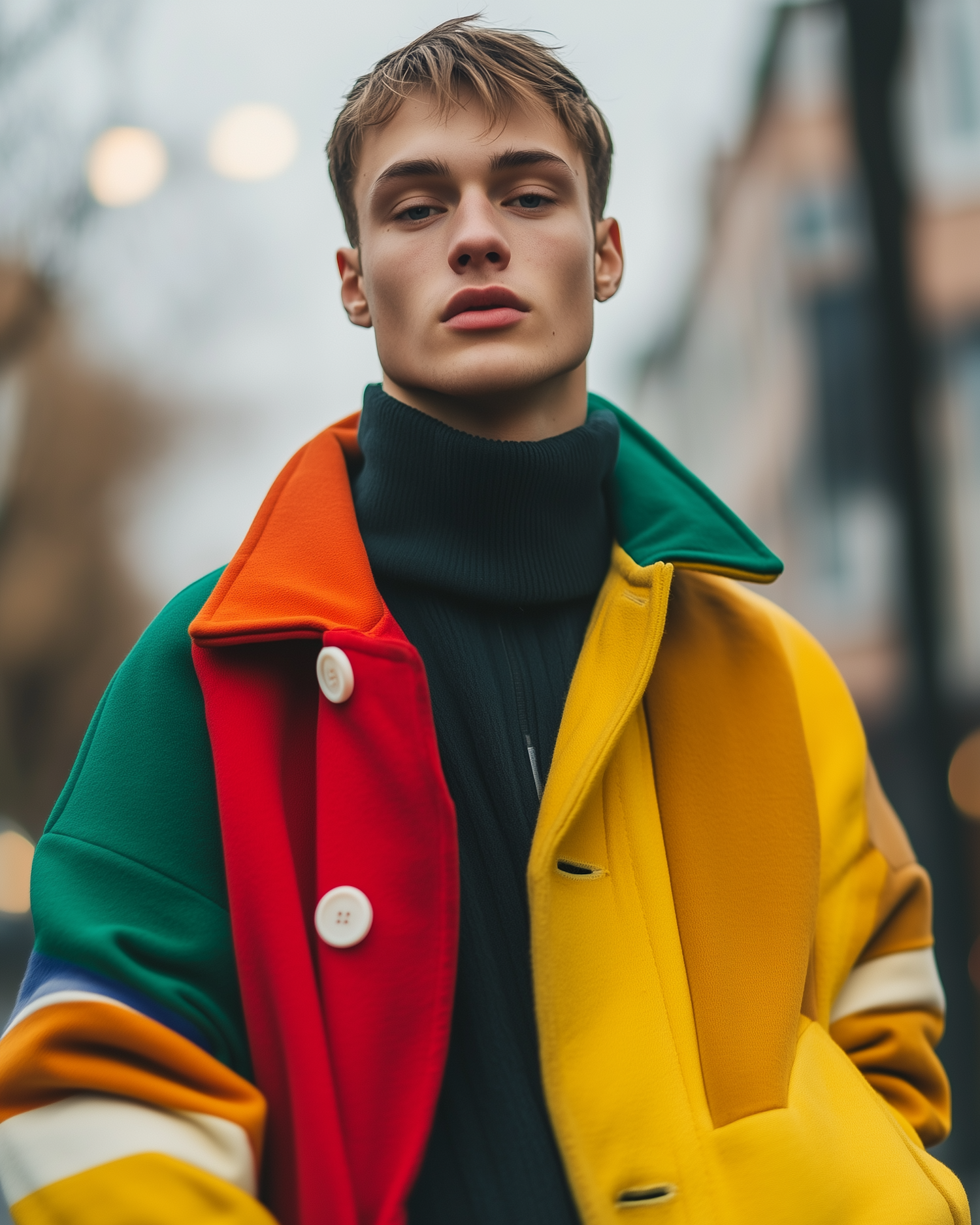 Fashionable Young Man in Multicolored Coat