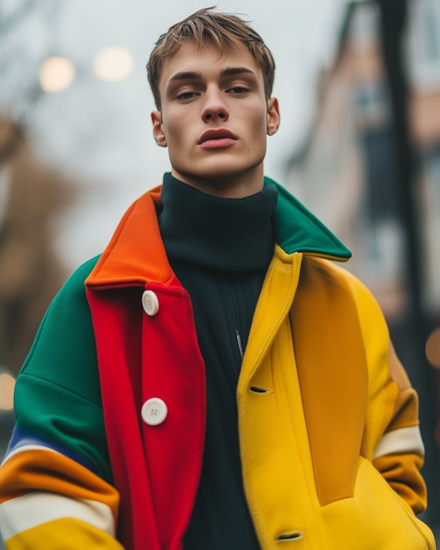 Fashionable Young Man in Multicolored Coat