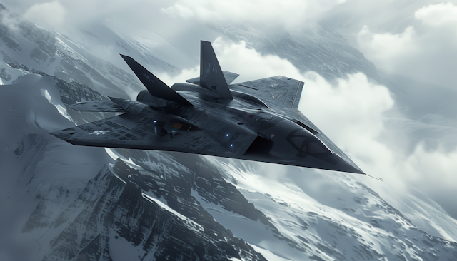 Futuristic Stealth Aircraft Over Snowy Mountains