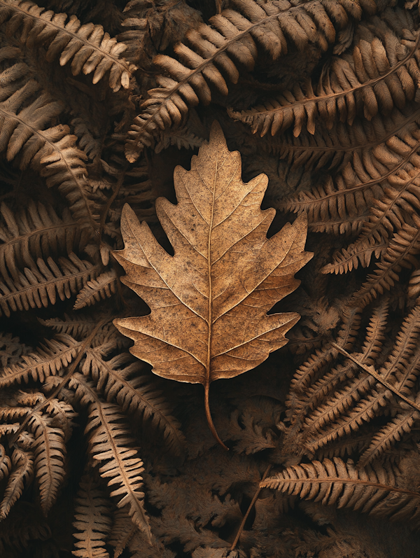 Solitary Oak Leaf Among Ferns