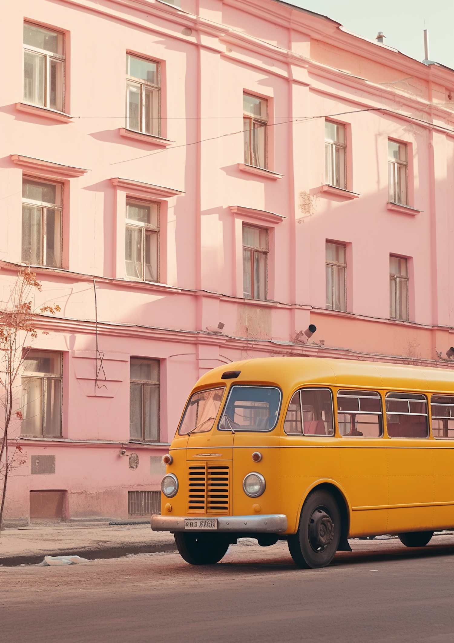 Vintage Golden Yellow Bus in Serene Pink Hued Street