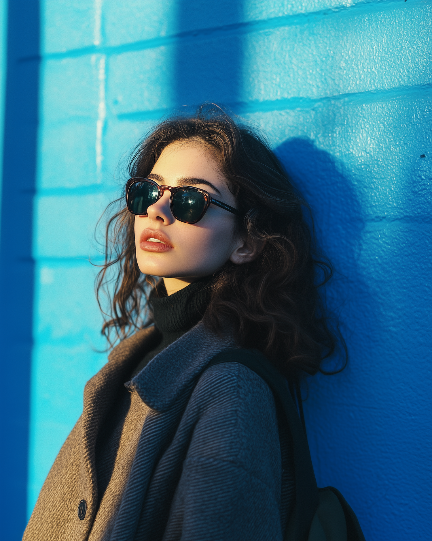 Contemplative Woman Against Blue Wall