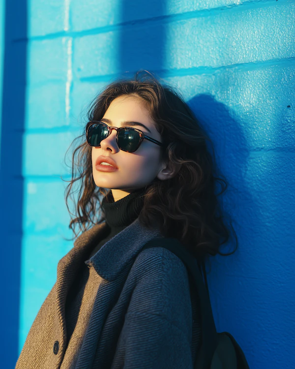 Contemplative Woman Against Blue Wall