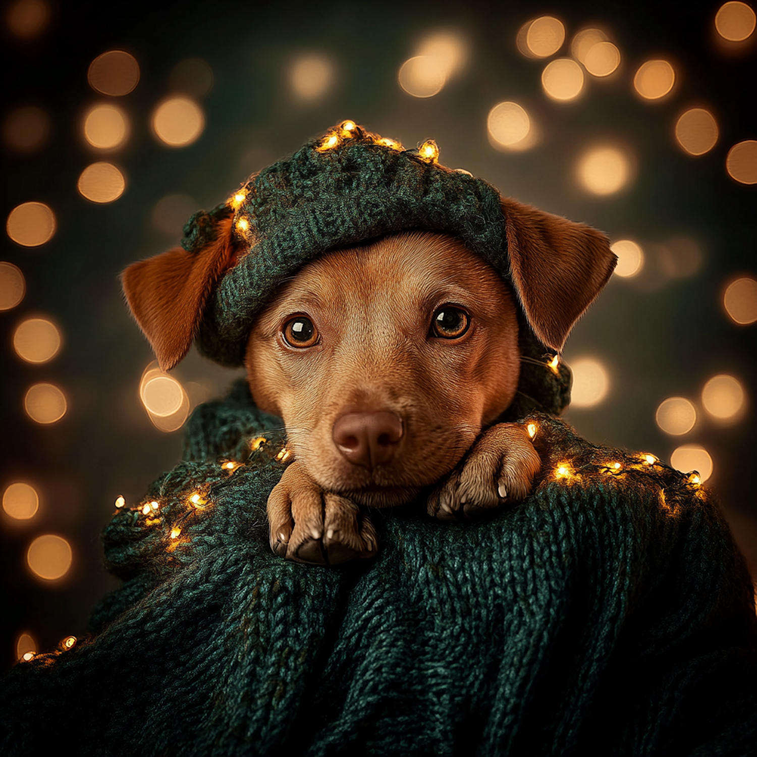 Puppy in Sweater with Fairy Lights