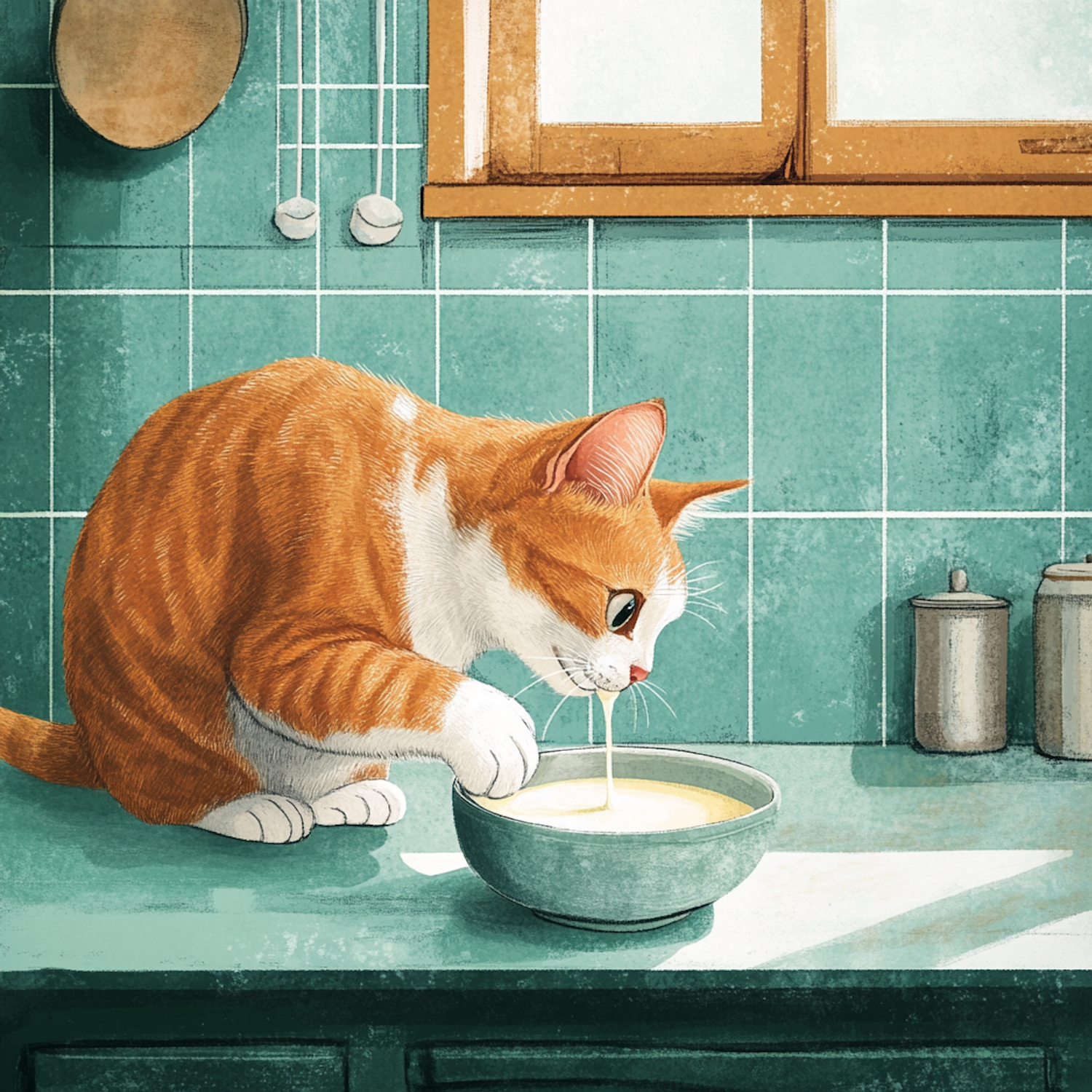 Cat Enjoying Milk on Kitchen Counter