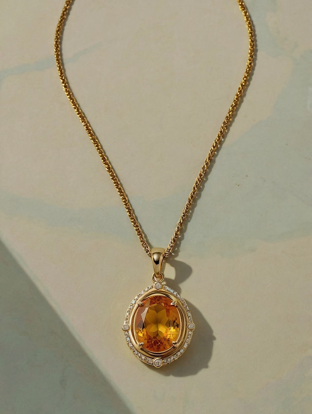 Gold Necklace with Amber Gemstone Pendant