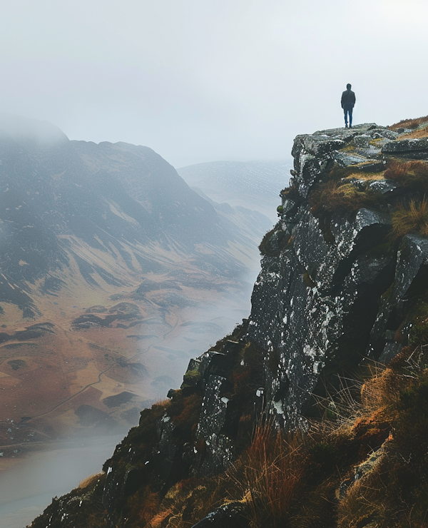 Solitary Figure Overlooking Misty Valley