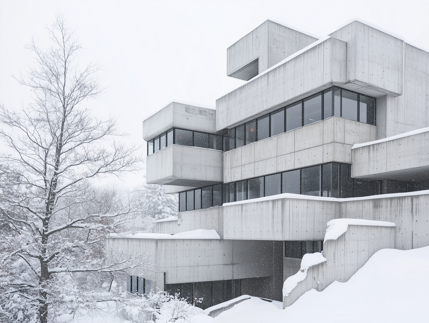 Geometric Concrete Building in Snow