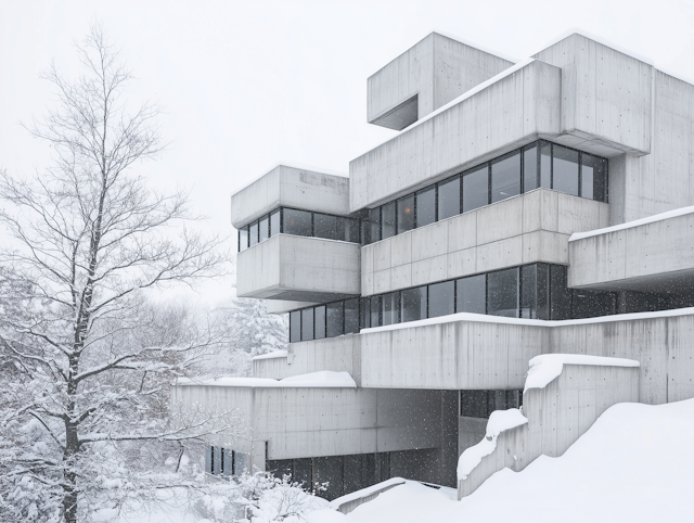 Geometric Concrete Building in Snow