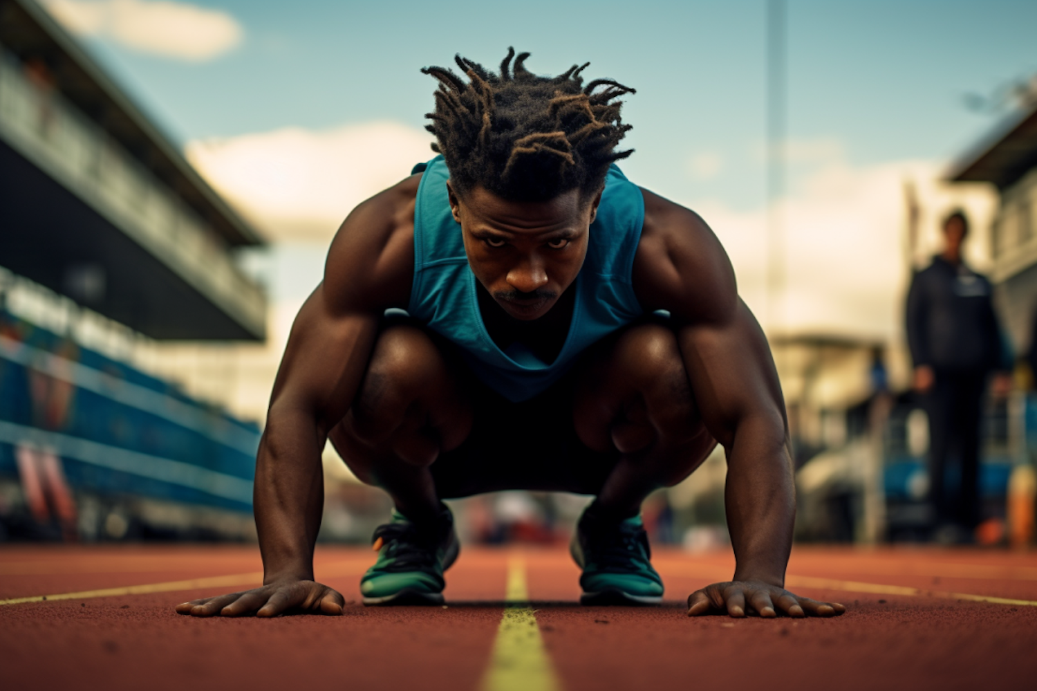 Focused Sprinter in Starting Blocks