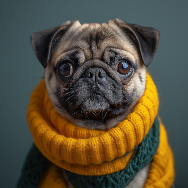 Pug in Yellow Scarf and Green Sweater