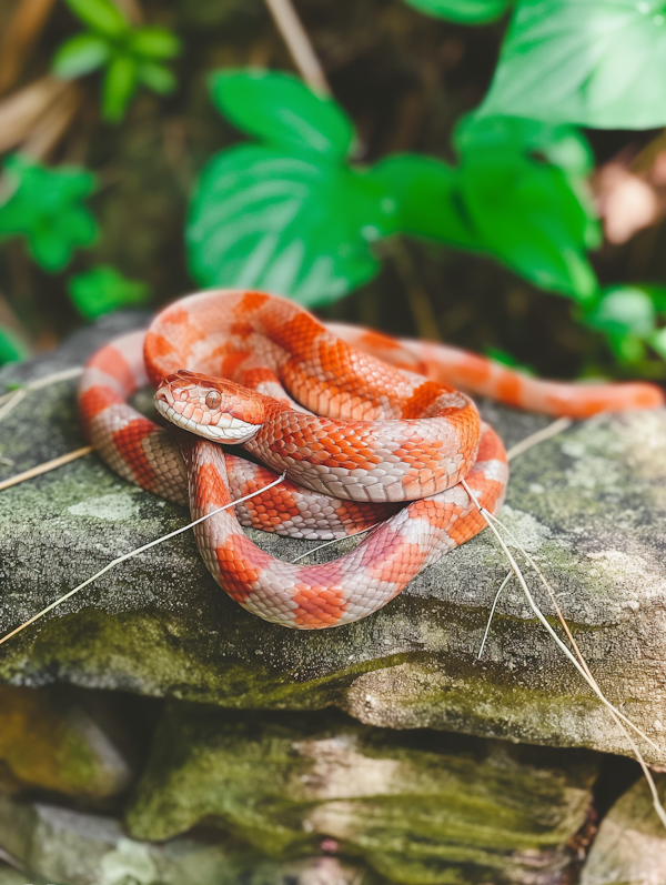 Red and White Banded Snake on Mossy Rock