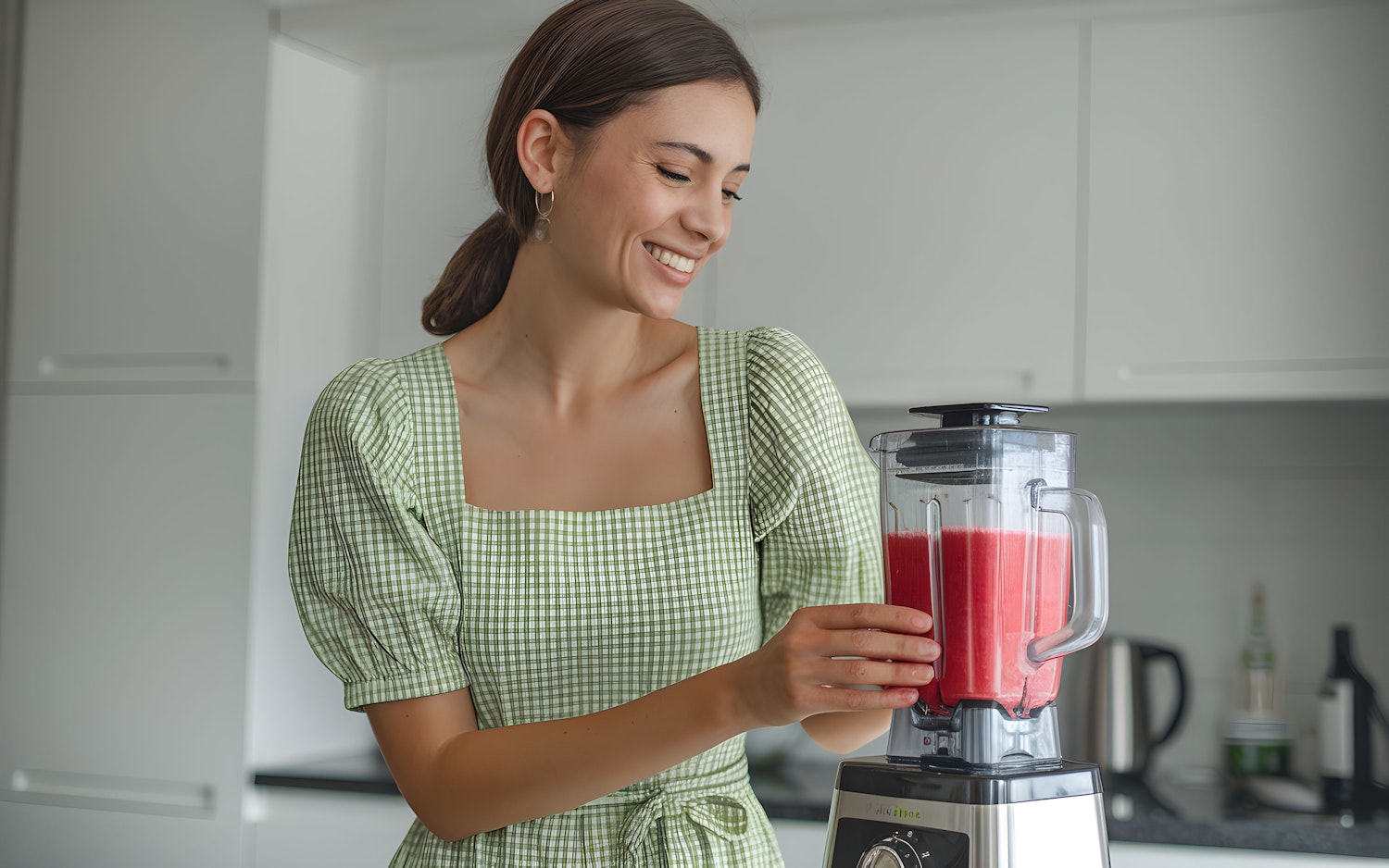 Woman Making Smoothie in Modern Kitchen