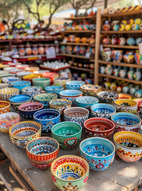 Artisanal Hand-Painted Bowls at Outdoor Market